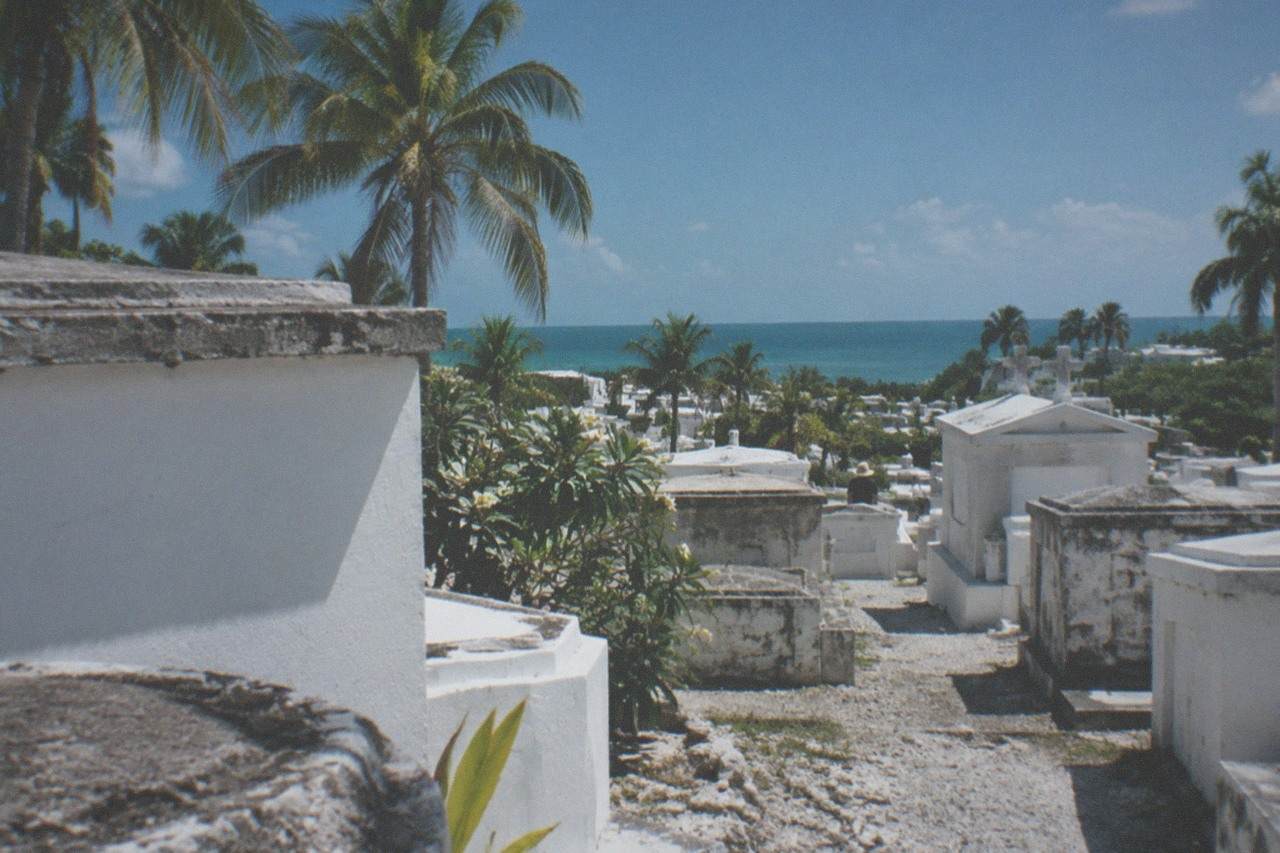 Historic Key West Cemetery gravestones on a sunny hillside among palm trees