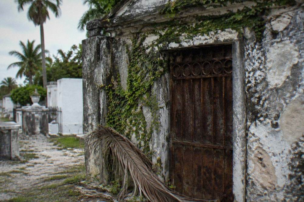 Weathered above-ground crypt facade in a tropical cemetery with ivy
