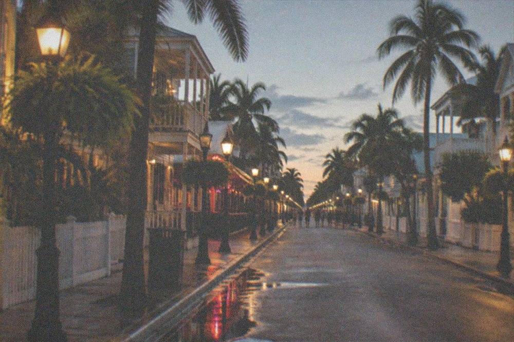 Evening crowd walking along a lamplit Duval Street in Key West with historic facades and palm trees