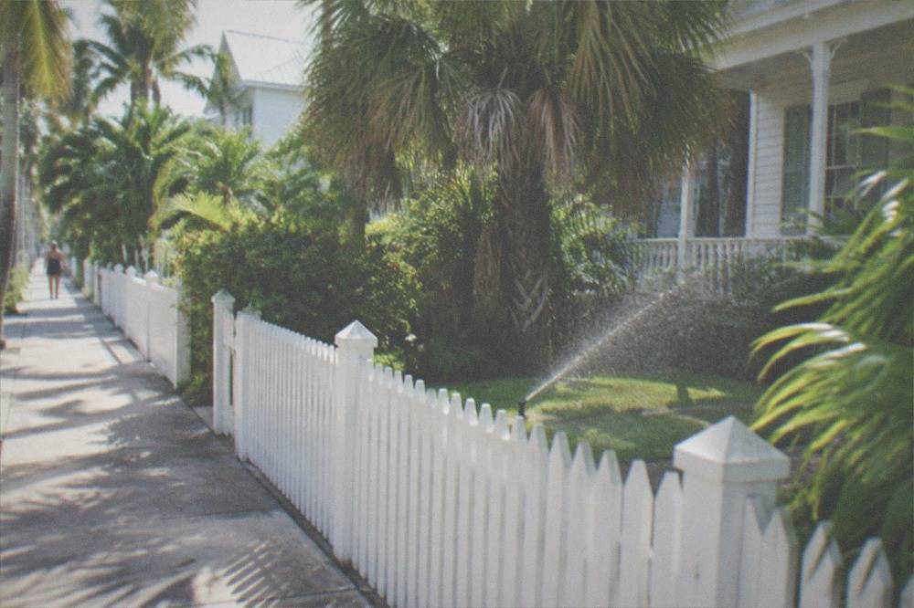 A quiet Key West sidewalk at dusk with palm shadows falling across white picket fences